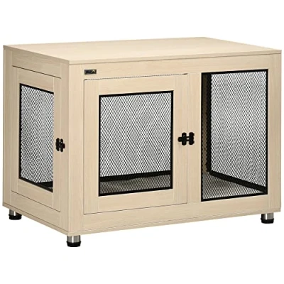 Afbeelding van PawHut Hondenkooi met voet, afneembaar kussen, staal, zwart en houtlook, 94 x 60 71,5 cm
