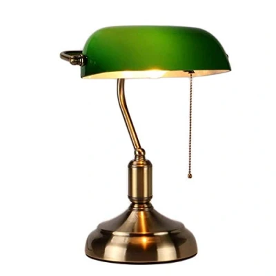 Afbeelding van MZStech bureaulamp/banklamp/kantoorlamp groen glazen kap, trekschakelaar en led gloeilamp 4w (Groen, messingbasis)