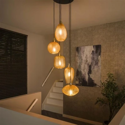 Afbeelding van Hoyz Collection Hanglamp 5L V shape Pattern Getrapt Amberkleurig Glas