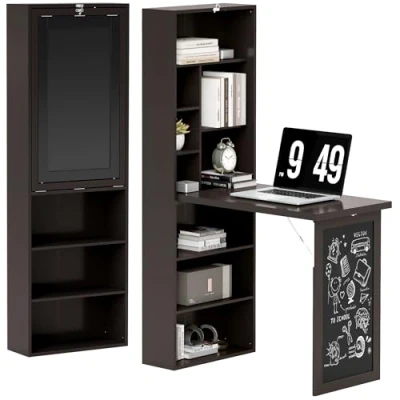 Afbeelding van HOMCOM Inklapbaar computerbureau, bureau met opbergruimte, inklapbare wandtafel boekenkast, werkplek, krijtbord en verstelbare plank, bruin