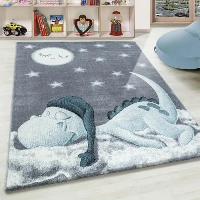 Afbeelding van Teppium Kindertapijt, Kleur Blauw, Dinosaurus ontwerp, 25083, Vloerkleed Rechthoekig, kinderkamer babykamer, 80 x 150 cm