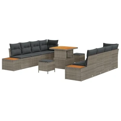 Afbeelding van vidaXL 11 delige Tuinset met Kussens Grijs Poly Rattan Acacia