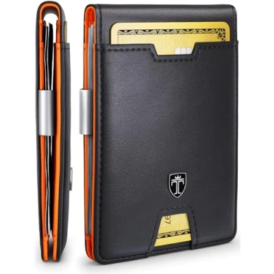 Afbeelding van TRAVANDO Heren slanke portemonnee met geldclip Austin RFID blokkerende tweevoudige creditcardhouder voor mannen geschenkdoos, zwart en oranje