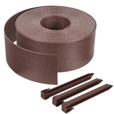 Afbeelding van VOUNOT Tuinrand van PE, 20 m, met 12 haringen, flexibele gazonrand, natuurlook, hoogte 13 cm, dikte 4 mm, bruin