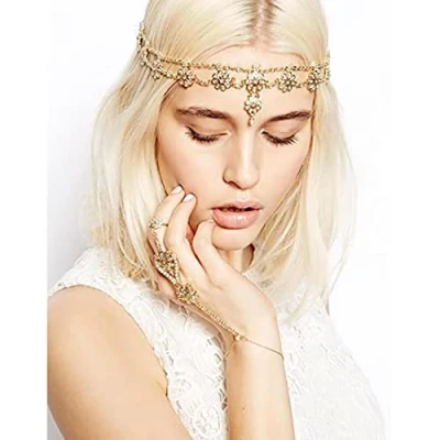 Afbeelding van Prosy Bruids Strass Bloem Hoofd Ketting Hoofddeksel Bruiloft Hoofdband Kraal Haar Stuk Festival Jewerly voor Bruid en Bruidsmeisjes (Rose Gold)