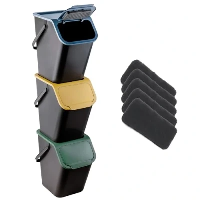 Afbeelding van Go Practic Vuilnisemmer, set van 3 stuks, 25 liter, met deksel, koolstoffilter, klikfunctie, afvalscheidingssysteem, afvalcontainer, recycling