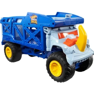 Afbeelding van Hot Wheels Monster Trucks Mover Neushoorn, autotransporteur, biedt plaats aan 12 Monstertrucks of 32 op schaal (1:64), met lanceerder, cadeau voor kinderen vanaf 3 jaar, HFB13