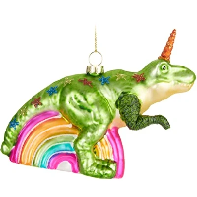 Afbeelding van BRUBAKER Handgeschilderde Glazen Kerstbal Grappig Motief Handgeblazen Kerstboom Decoratie Figurines Grappige Deco Hanger Boombal Kerst Eenhoorn Regenboog Dinosaurus
