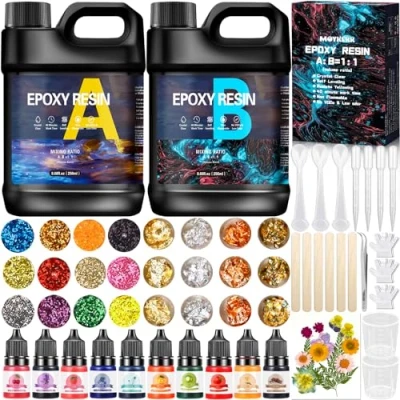 Afbeelding van MOYKSRR Epoxyhars, Epoxyharsset Beginners, 512 ml 1:1 Harsgietset, Harsgietaccessoires met Glitter, Houten Stokjes, Maatbeker, Epoxyhars Beginnersset voor Handwerk, Kunstproject