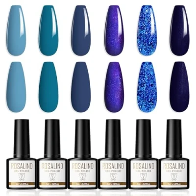 Afbeelding van ROSALIND Gel Nagellak Blauwe Serie 6 Kleuren Shellac Set Donkerblauw Lichtblauw Glitter Soak Off UV/LED Gellak Nail Polish Art Manicure 8ml