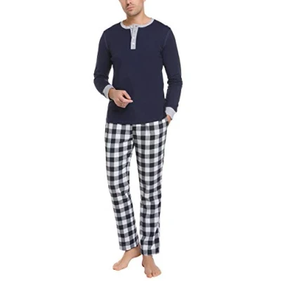 Afbeelding van Doaraha Herenpyjama van katoen, pyjama voor heren, 100% comfortabel, 2 stuks set, lange mouwen, S XXL, B4 donkerblauw,