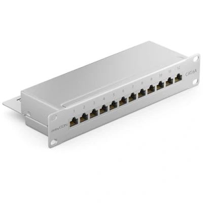 Afbeelding van deleyCON CAT 6a Patchpanel Distributiepaneel 12 Poorts Desktop 10 Inch Rackmount Servermontage RJ45 Afgeschermd TIA568A TIA568B Lichtgrijs