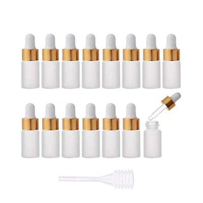 Afbeelding van Enslz Kleine, lege, matte glazen pipetfles voor essentiële olie, herbruikbare flessen, neusolie, navulbare fles met metalen schroefmonddeksel en rubberen ballon, 15 stuks (3 ml, goudkleurig)