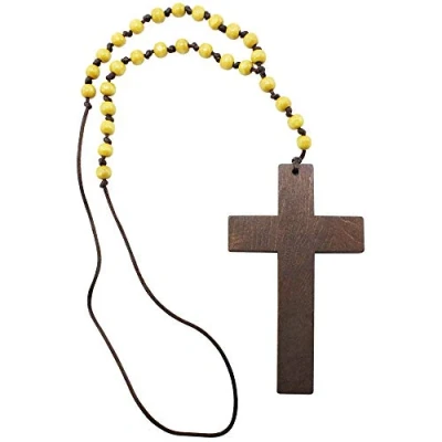 Afbeelding van COM FOUR® ketting met kruishanger balletjesketting houten priesterkruis sierraden voor Halloween, Mardi Gras, Carnaval (Kruis hout)