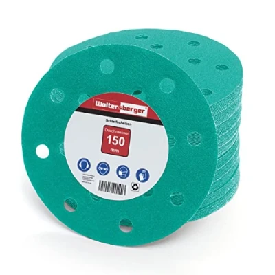 Afbeelding van Woltersberger® 50 stuks excentrische schuurschijven Ø 150 mm, korrelmaat P1200, 15 gaten in groen, voor optimaal schuren, veelzijdig, klittenbandschuurpapier