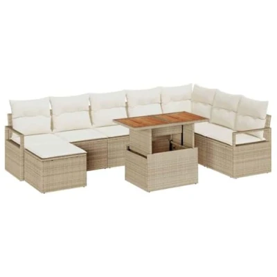 Afbeelding van vidaXL 9 delige tuinbankset met kussens in beige poly rattan en acacia