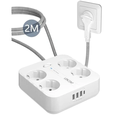 Afbeelding van LENCENT 8 in 1 Overspanningsbeveiliging Platte Stekkerdoos, 4 Voudige Meervoudige Power Strip Stekker, 2500W 10A Socket AC+ 3 USB+ Type C Aansluitingen, Stopcontacten met 2M Gevlochten Kabel, Wit