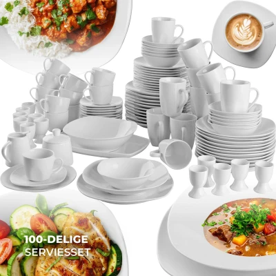Afbeelding van tectake® Serviesset 100 Delig Porseleinen Servies voor 12 Personen Vaatwasser en Magnetronbestendig Inclusief Dinerborden, Dessertborden, Soepborden, Kopjes, Schalen Meer