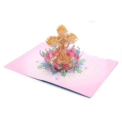 Afbeelding van Holly Cross 3D pop up kaart, wenskaart, handgemaakte kaart voor zegen, gebed, opstanding, religieuze doop, geloofsverordening, chirstening, cadeau vrienden en familie