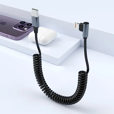 Afbeelding van Lightning spiraalkabel, Apple Carplay kabel met gegevenssynchronisatie, 90 graden iPhone kabel, kort, voor iPhone/Pad/Pod, MFi gecertificeerd, korte oplaadkabel de auto