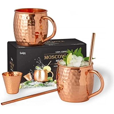 Afbeelding van Gadgy Moscow Mule Bekers Set 100% Koper Cocktailset : 2 Cocktailglazen, Rietjes &amp; 1 Barmaatje