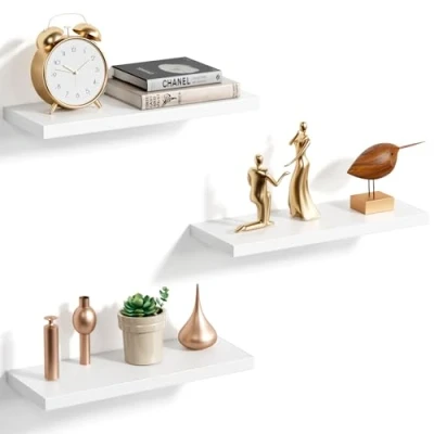 Afbeelding van Witte zwevende planken, wandmontage, set van 3, wandplank, plank, huisopslag, organizer, wandrek, gebruik voor woonkamer, keuken, slaapkamer, kantoor, hal en meer.