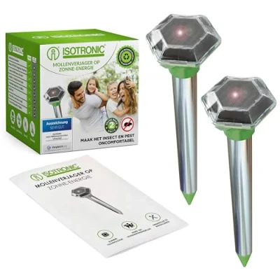 Afbeelding van ISOTRONIC mollenverjager op zonne energie, ultrasone ongediertebestrijding tegen woelmuizen (set van 2)