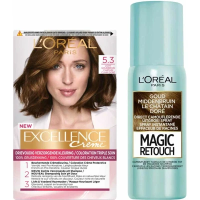 Afbeelding van L&#039;Oréal Excellence Creme Haarverf 5.3 Licht Goudbruin + Magic Retouch Uitgroeispray Goud Middenbruin 75 ml Pakket