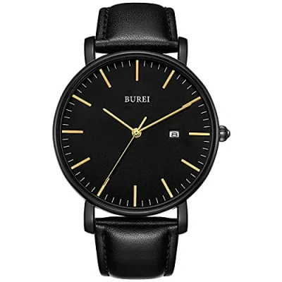 Afbeelding van BUREI Ultradunne minimalistische moderne herenhorloge Classy Date met klassieke eenvoudige wijzerplaat gouden wijzers en zachte zwarte lederen band