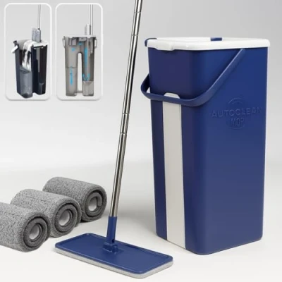 Afbeelding van STARLYF AutoClean mop + 3 Extra doeken, Reinigingssysteem Met Dweilmop en Emmer, microvezelborstels 2 vakken (droog vochtig) (3 microvezeldoekjes)