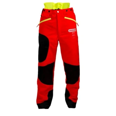 Afbeelding van Oregon Waipoua Kettingzaag beschermende veiligheidsbroek, type A klasse 1 kettingzaagbescherming, verstelbare lichtgewicht ademende hergedwongen kleding, maat XL/EU 54 56 Hi Vis rood/geel/zwart