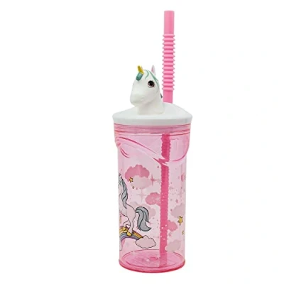 Afbeelding van Drinkfles voor meisjes Waterfles 360ml Met 3D Witte eenhoorn Roze