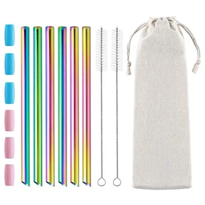 Afbeelding van 6 stuks herbruikbare Boba rietjes, smoothie 1,3 cm brede roestvrijstalen schuine punten, metalen rietjes voor bubbelthee, milkshakes, smoothies met reinigingsborstel en etui