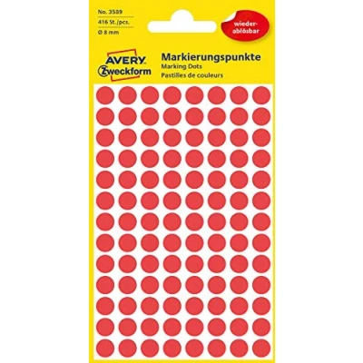 Afbeelding van AVERY Zweckform 3589 Zelfklevende markeringspunten (Ø 8 mm, 416 verwijderbare plakpunten op 4 vellen, ronde stickers voor kalender, planner en om te knutselen, papier, mat) rood
