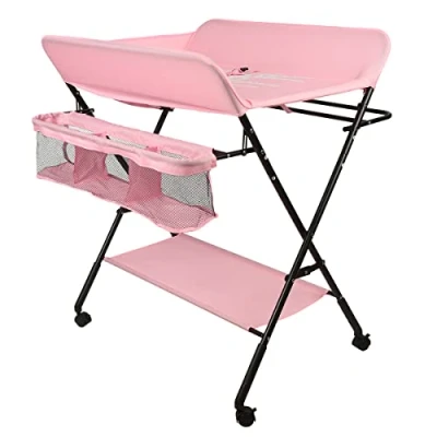 Afbeelding van Exclusieve en Inklapbare luiertafel in hoogte verstelbaar, luiertafel, Verrijdbaar aankleedkussen grijs voor baby&#039;s met Rollen 80 * 66 98cm (donkerroze)