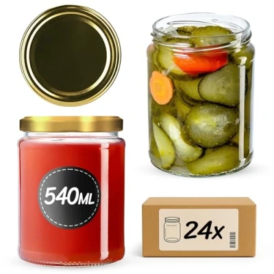 Afbeelding van KADAX Wekpotten 540 ml, inmaakpot om in te zetten, inmaakpotten voor schroefdeksel, jampot, voorraadpot, conservenglas, ronde glazen (goud/24 stuks), 8.6x8.6x11.6, K7497 K7608