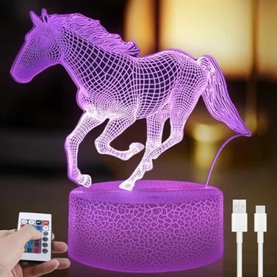 Afbeelding van Paard nachtlampje voor kinderen, 3D illusielamp, kinderkamer, led licht, paarden, meisjeslamp, nachtverlichting, afstandsbediening, 16 kleurveranderingen, dimbaar, cadeaus meisjes en jongens,