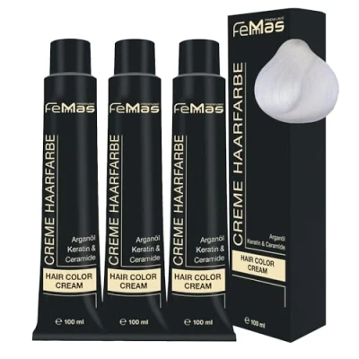 Afbeelding van FemMas Professionele bleekcrème voor lichte tinten, matteren van blond haar, voedende arganolie, keratine en ceramide, duurzame haarkleuring, 3 x 100 ml