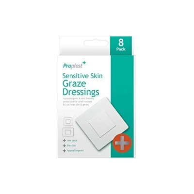 Afbeelding van Proplast Sensitive Skin Graze wondkompres, hypoallergeen en huidvriendelijk, bescherming voor kleine wonden sneden tegen vuil ziektekiemen, niet hechtend, flexibel, eenvoudig te bedienen, 8 stuks