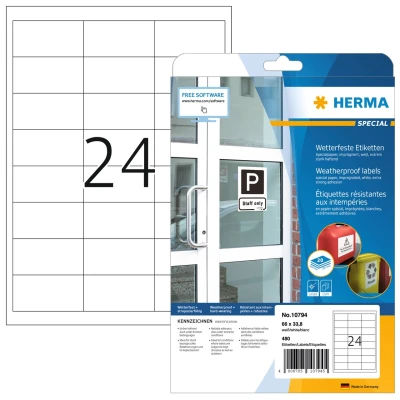 Afbeelding van HERMA 10794 Weerbestendige etiketten A4 66x33,8mm Wit 480 stuks