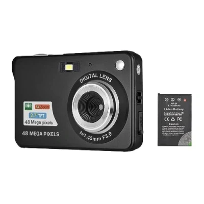 Afbeelding van Andoer digitale camera met 1 stuk oplaadbare batterij 1080p, 48MP, HD 8x zoom anti trilling, 2,7 inch LCD scherm voor kinderen en vakantie