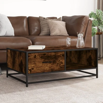 Afbeelding van Salontafel 90x57x35 cm bewerkt hout en metaal gerookt eiken