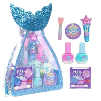 Afbeelding van Townley Girl Mermaid Vibes make upset met 8 stuks, inclusief lipgloss, nagellak, body Shimmer en meer in zeemeermintas, vanaf 3 jaar voor feestjes, logeerpartijen overs