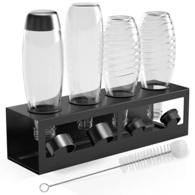Afbeelding van HOMMAND Flessenhouder voor Sodastream Flessen, Flashhouder Crystal en Emil 4 Flessen Afdruiprek, Houder Inclusief Siliconen Beschermringen, Lekbak Dekselhouder, Zwart