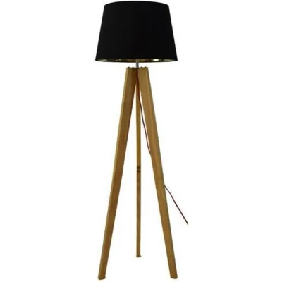Afbeelding van Menton Tripod Vloerlamp, Ø45x155cm, Hout Met Zwarte Lampenkap