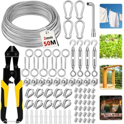 Afbeelding van CIANBIFN 81pcs staalkabel kit 2 mm 50 m, draadkabel, klimhulp 304 roestvrij staal, spankabel, met ogen, voor gordijntouw, waslijn, klimplanten