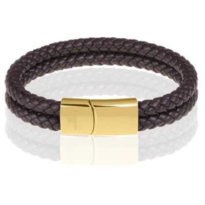 Afbeelding van Memphis dubbele leren armband Donkerbruin Goudkleurig 23cm
