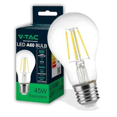 Afbeelding van V TAC VT 1887 N E27 Transparante LED Bol Gloeilamp A60 IP20 6W 600 Lumen 3000K