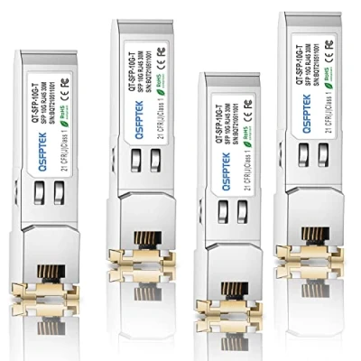 Afbeelding van QSFPTEK 10GBASE T SFP+ naar RJ45 (4Pack), 10G tot 30m Koper Mini GBIC Zendontvanger voor Cisco SFP S, Ubiquiti UF 10G, Netgear, Mikrotik, D Link, Supermicro, CAT6A/CAT7, 100FT