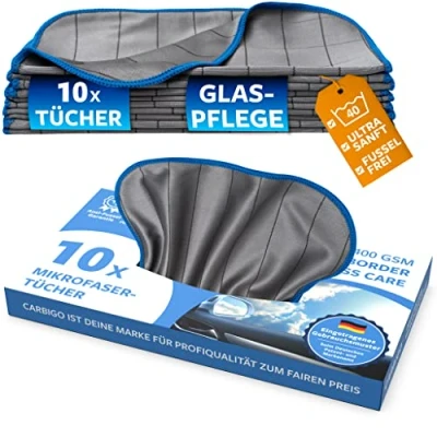 Afbeelding van Carbigo® Box 10 x microvezel glasdoeken microvezeldoek glas voor streepvrije reiniging van ruiten, ramen en glazen kristalheldere autoruiten perfecte 25 cm (400 g/m²)